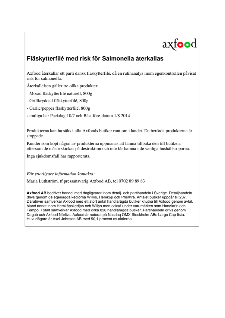 Fläskytterfilé med risk för Salmonella återkallas