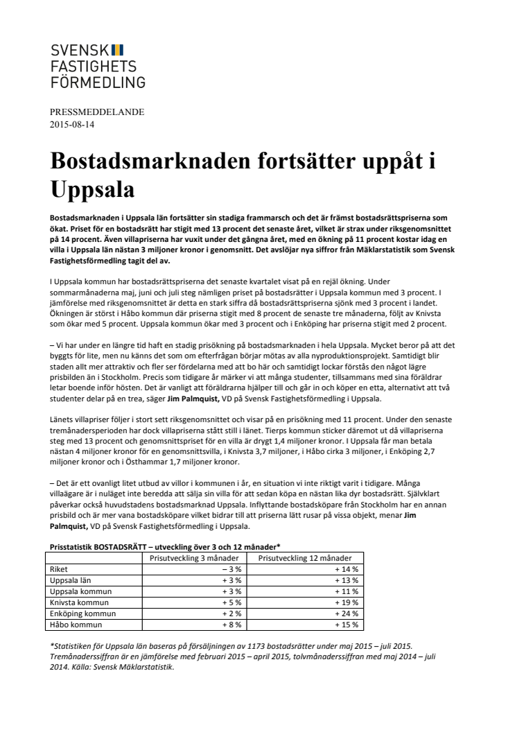 Bostadsmarknaden fortsätter uppåt i Uppsala