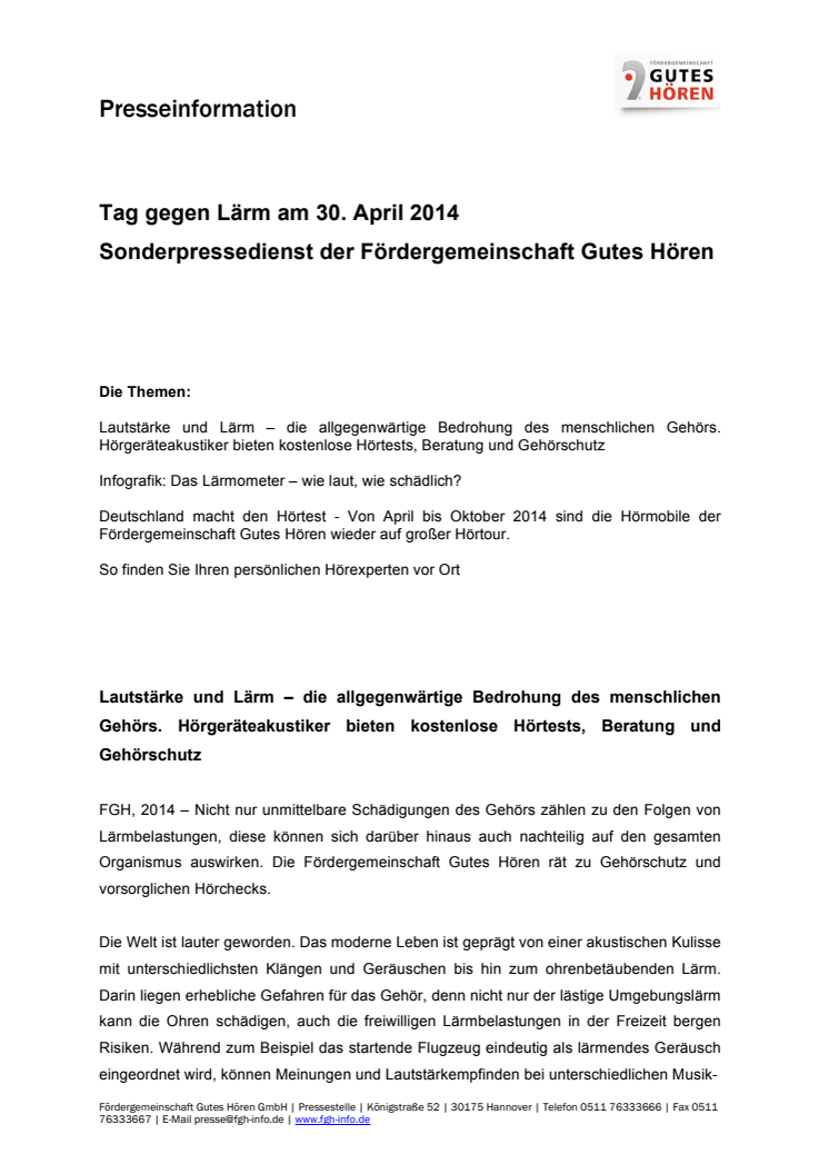 Tag gegen Lärm am 30. April 2014 – Sonderpressedienst der Fördergemeinschaft Gutes Hören