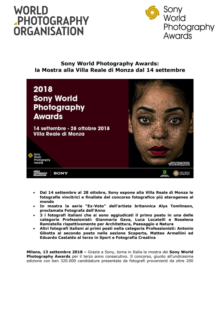 Sony World Photography Awards:  la Mostra alla Villa Reale di Monza dal 14 settembre