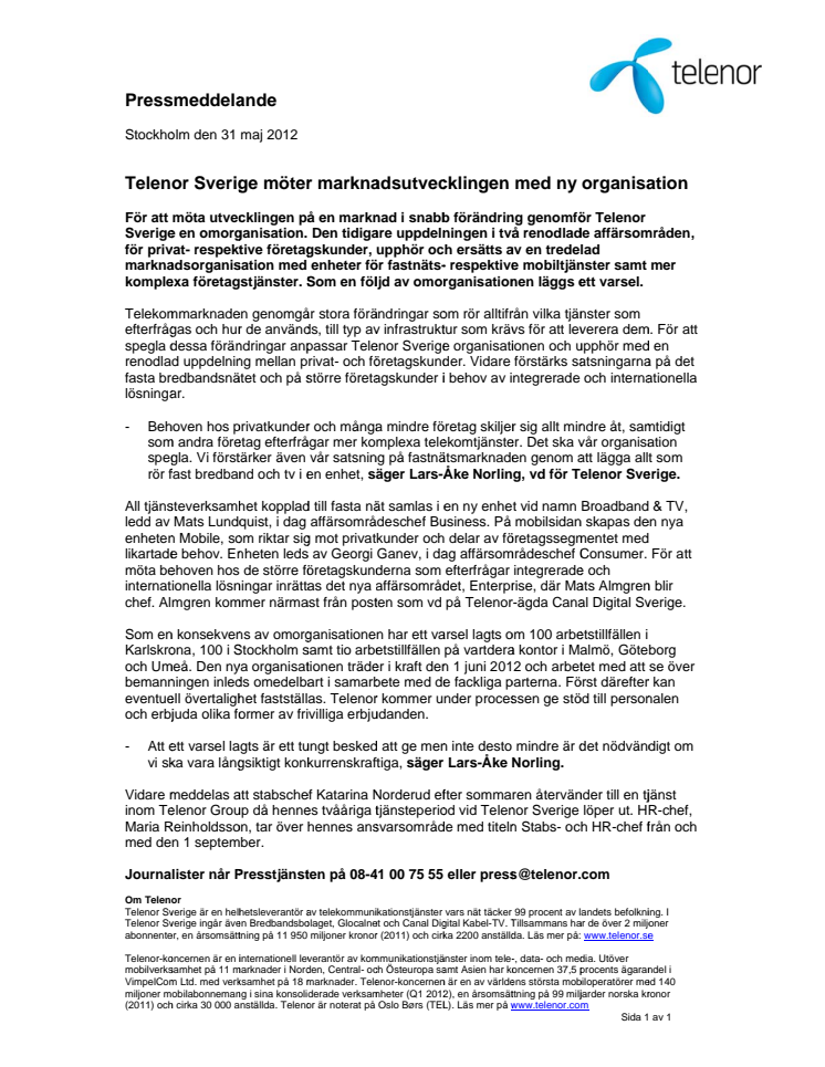 Telenor Sverige möter marknadsutvecklingen med ny organisation