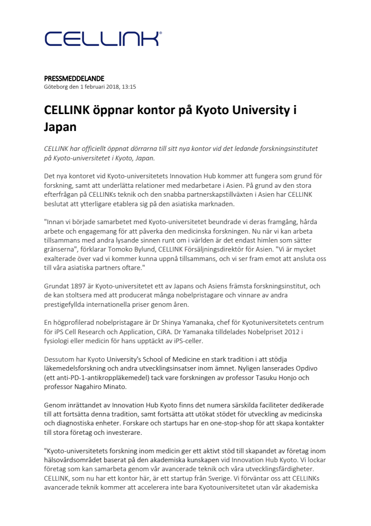 CELLINK öppnar kontor på Kyoto University i Japan