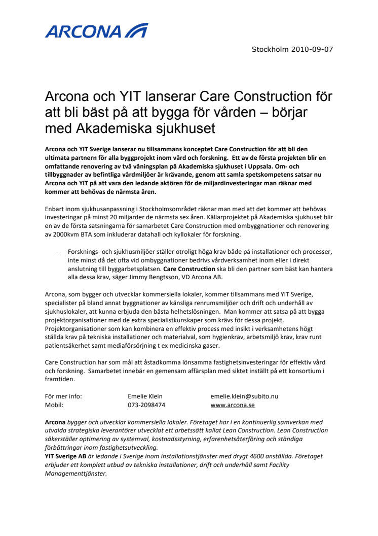 Arcona och YIT lanserar Care Construction för att bli bäst på att bygga för vården – börjar med Akademiska sjukhuset