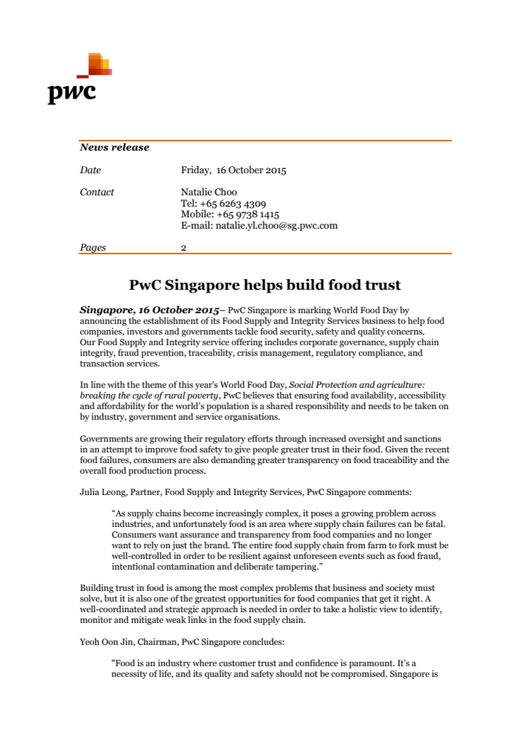 PwC Singapore helps build food trust