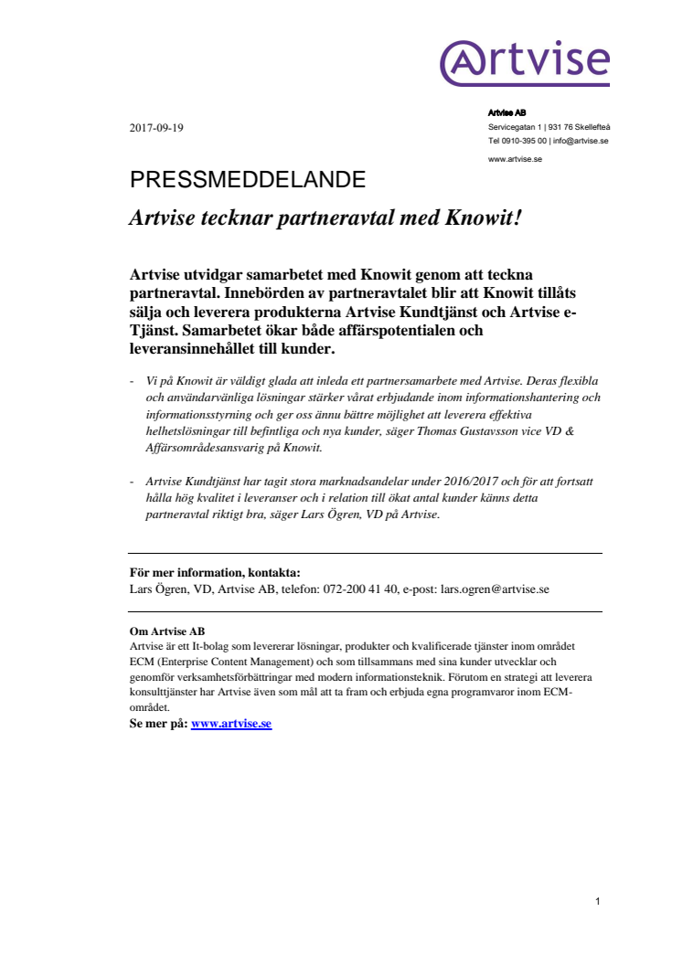 Artvise tecknar partneravtal med Knowit!