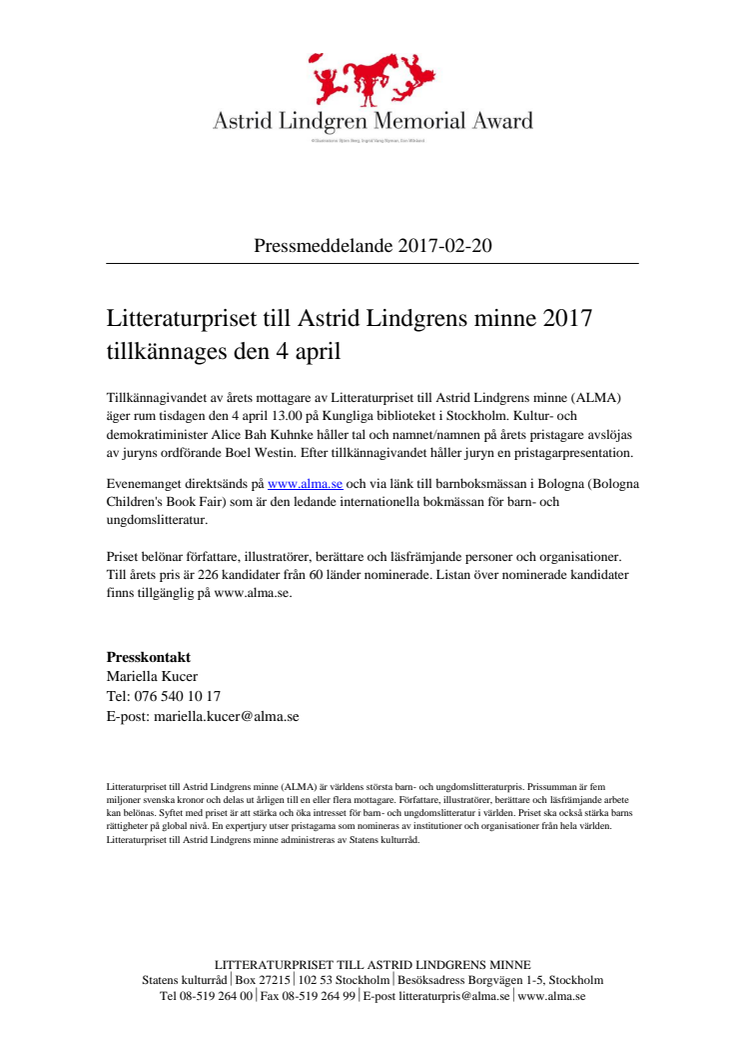 Litteraturpriset till Astrid Lindgrens minne 2017 avslöjas 4  april