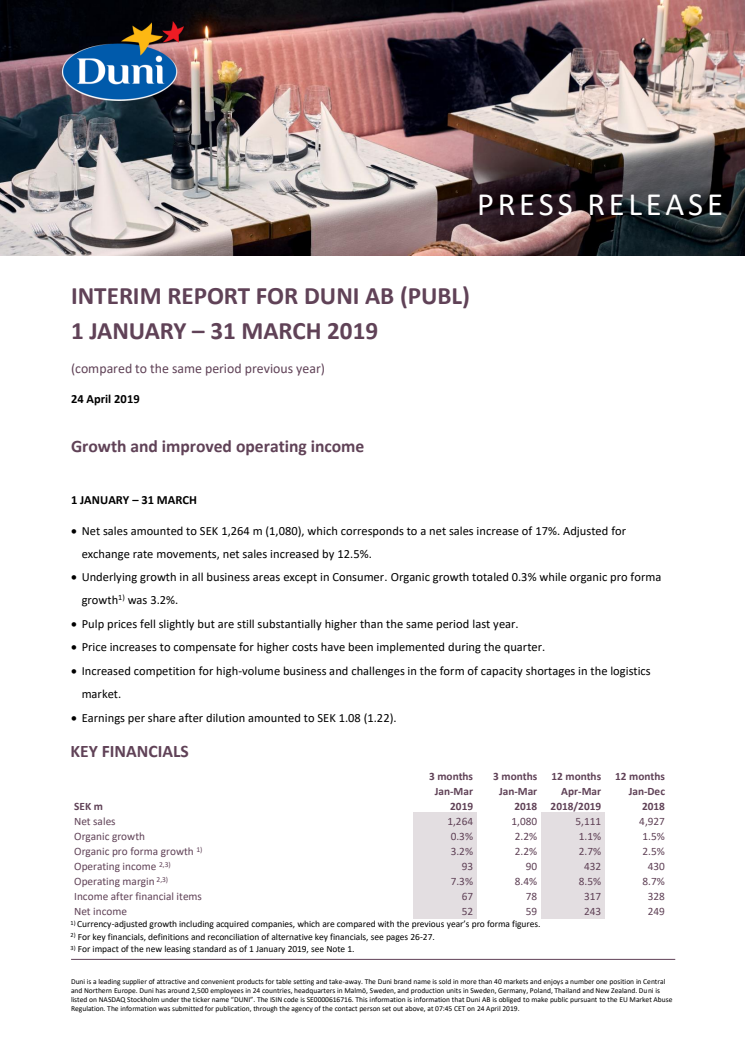 Interim report for Duni AB (publ) 1 January - 31 March