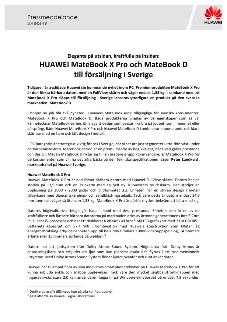 Eleganta på utsidan, kraftfulla på insidan: HUAWEI MateBook X Pro och MateBook D  till försäljning i Sverige