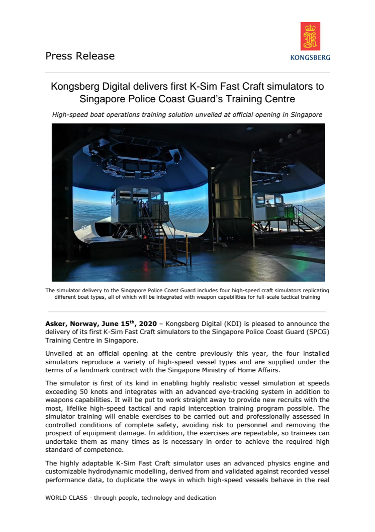 Kongsberg Digital delivers first K-Sim Fast Craft simulators to Singapore Police Coast Guard’s Training Centre