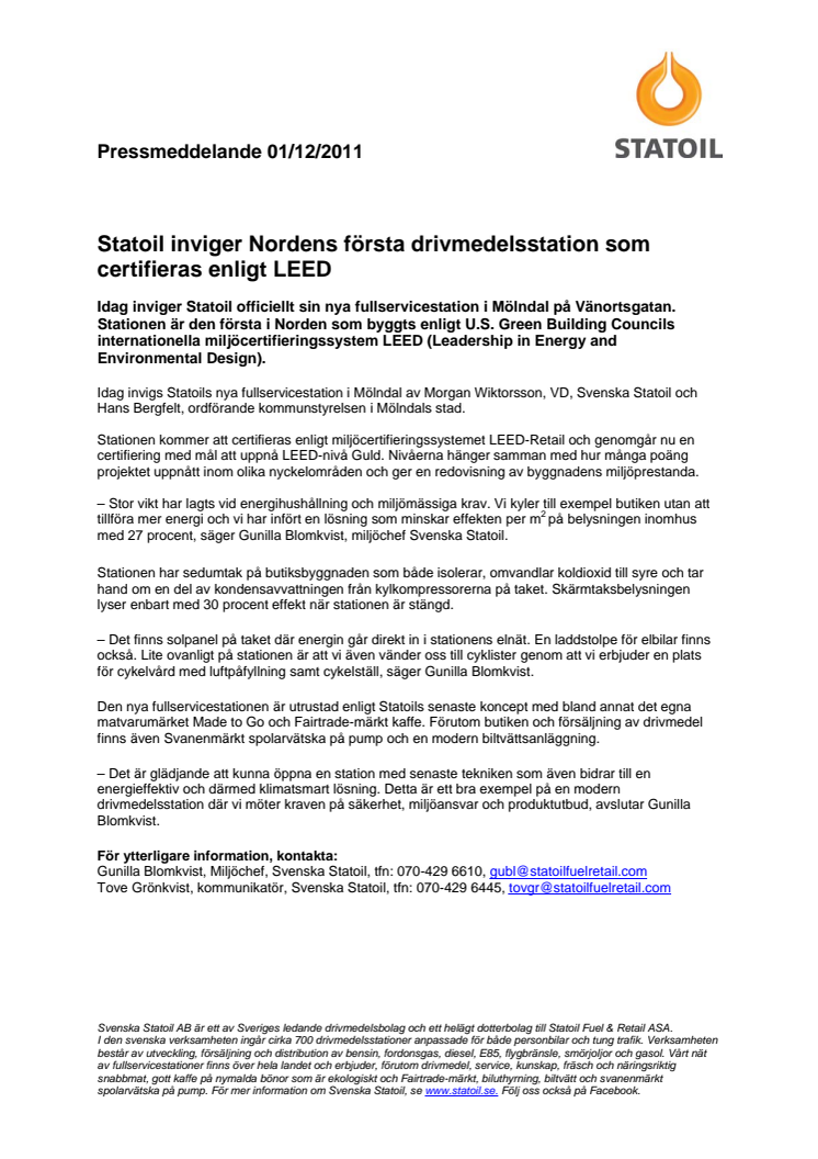 Statoil inviger Nordens första drivmedelsstation som certifieras enligt LEED