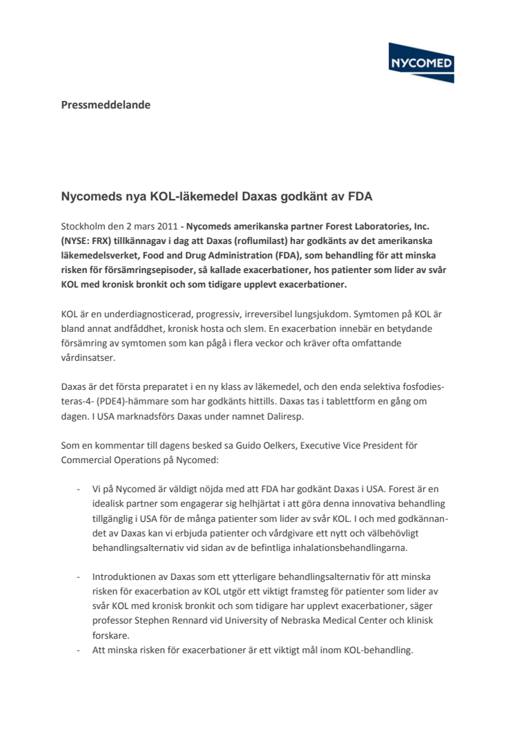 Nycomeds nya KOL-läkemedel Daxas godkänt av FDA