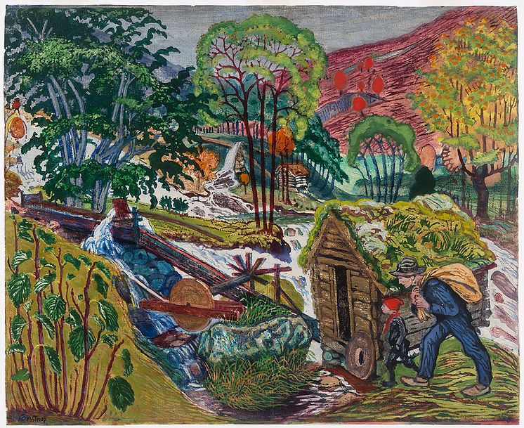 Nikolai Astrup: Kvennagong / Milling Weather, fargetresnitt, 1916