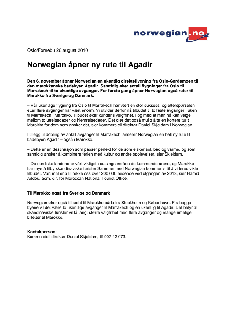 Norwegian åpner ny rute til Agadir