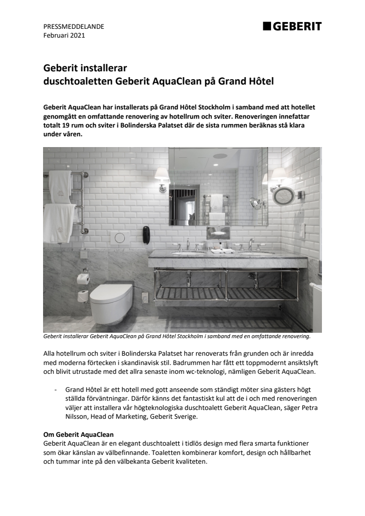 Geberit installerar duschtoaletten Geberit AquaClean på Grand Hôtel