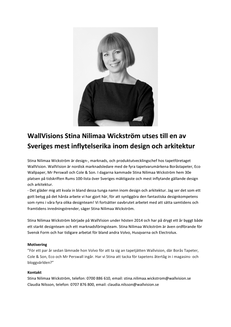 ​WallVisions Stina Nilimaa Wickström utses till en av Sveriges mest inflytelserika inom design och arkitektur