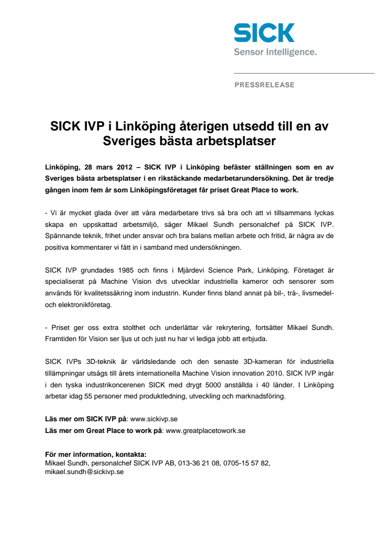 SICK IVP utsedd till en av Sveriges bästa arbetsplatser