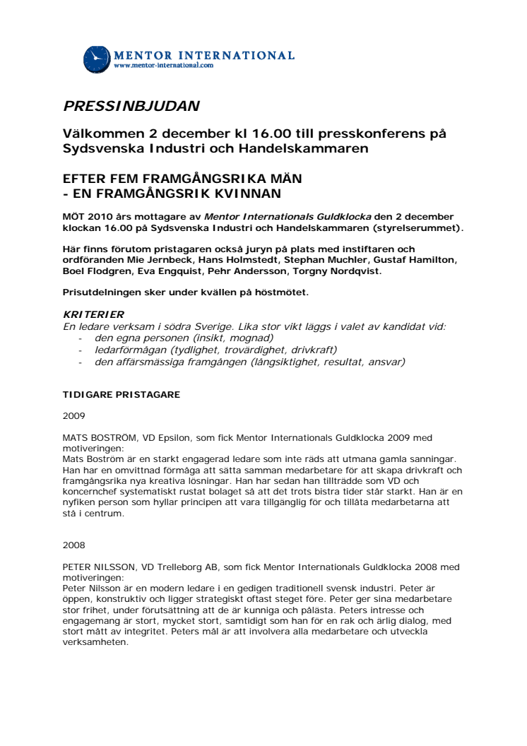 Prisutdelning: årets ledare i Södra Sverige. VÄLKOMMEN 2 december kl 16.00 till presskonferens