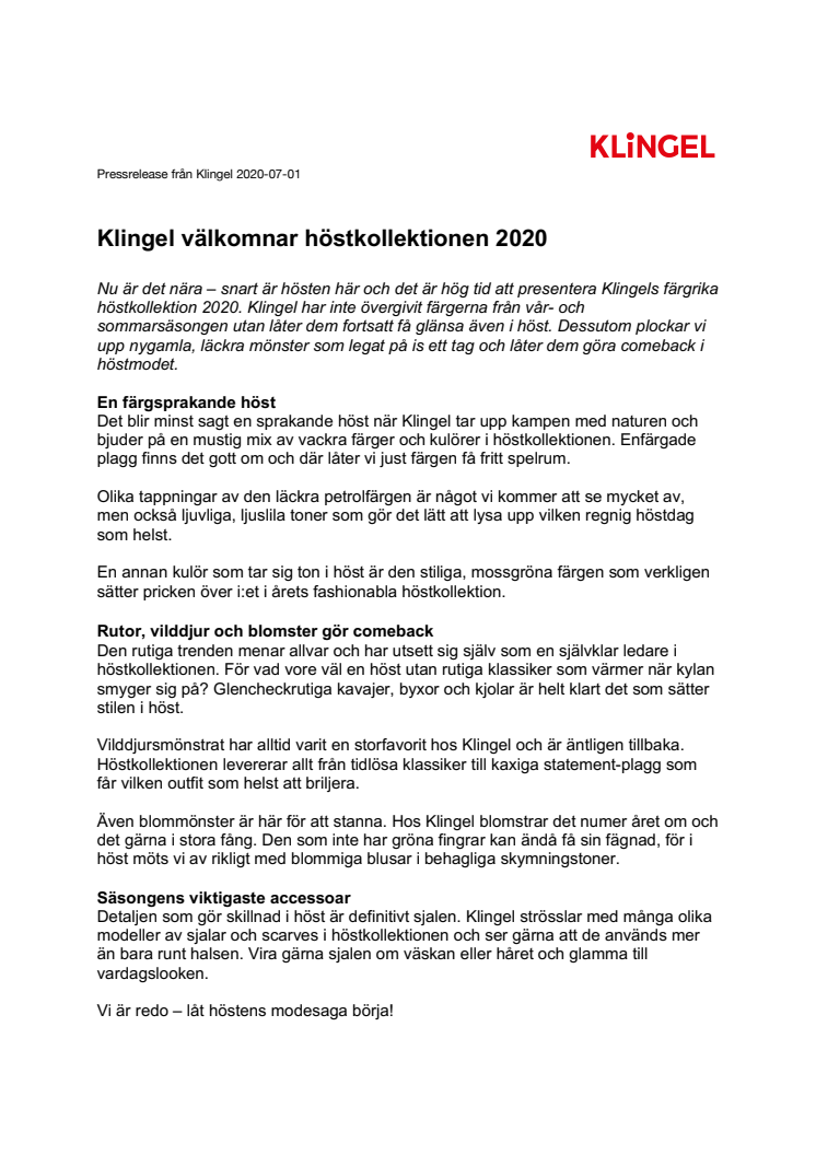 Klingel välkomnar höstkollektionen 2020