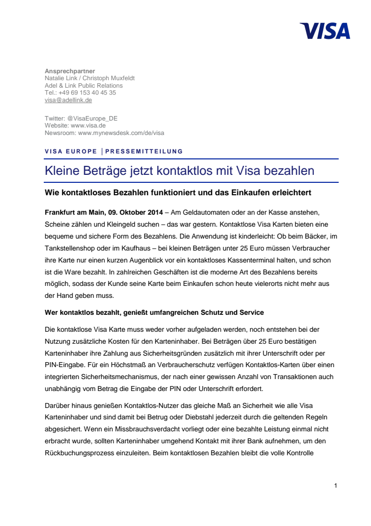 Kleine Beträge jetzt kontaktlos mit Visa bezahlen