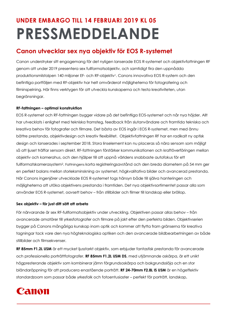 Canon utvecklar sex nya objektiv för EOS R-systemet 