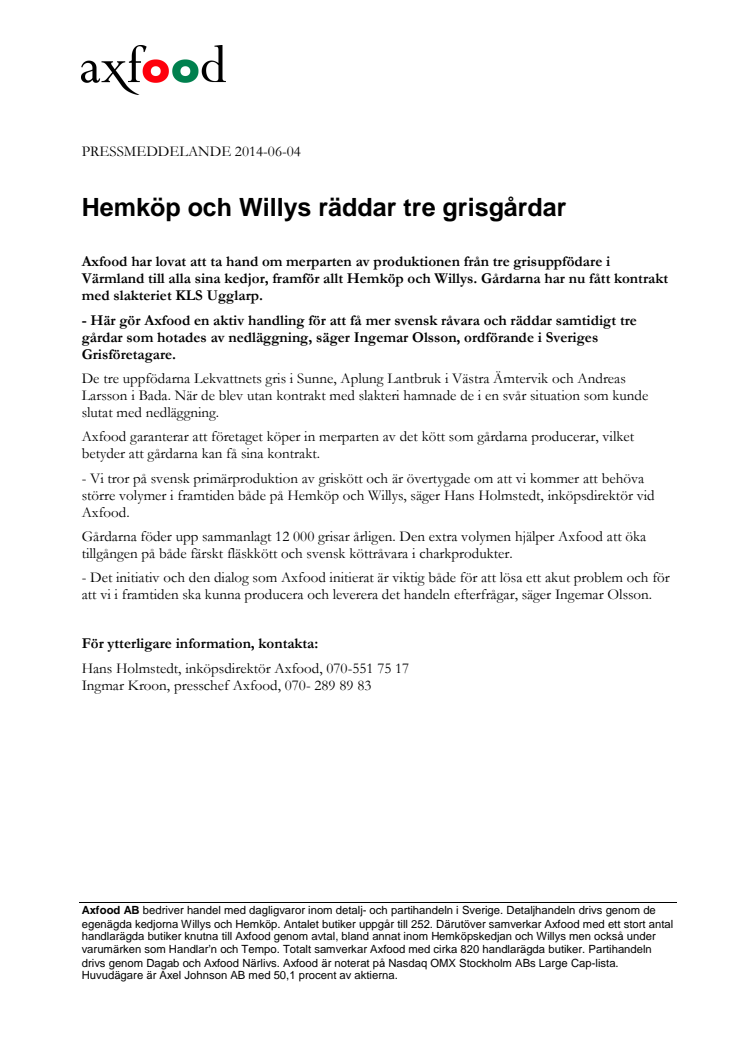 Hemköp och Willys säkrar grisproduktion på värmländska gårdar