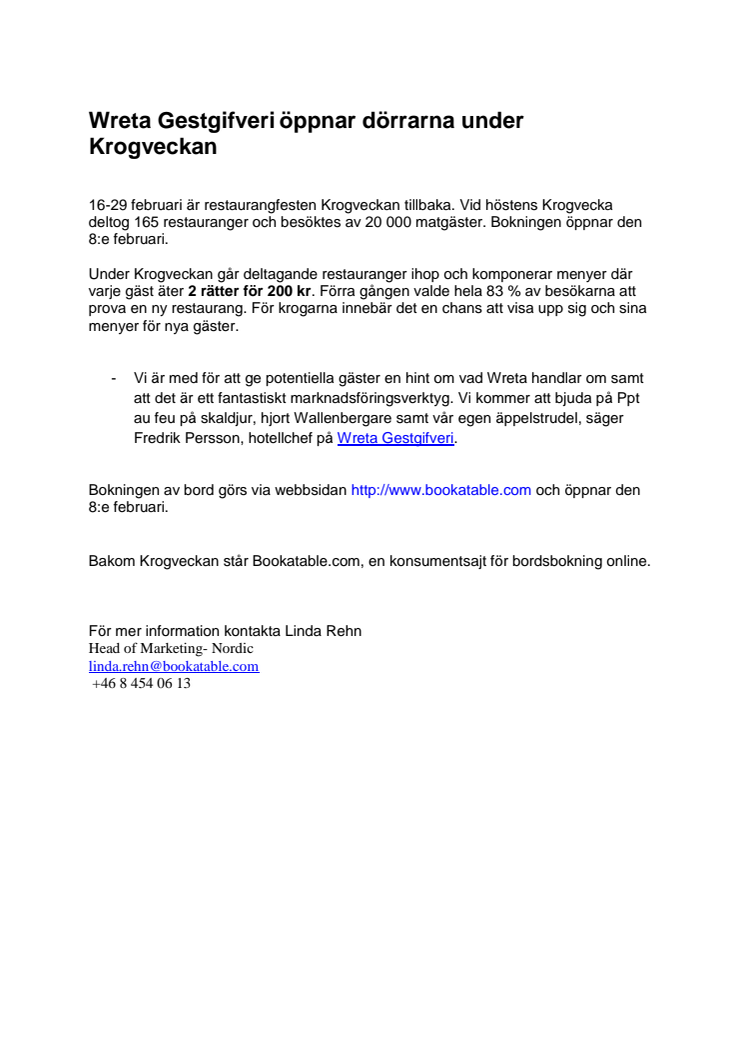 Wreta Gestgifveri i Ålberga öppnar dörrarna under Krogveckan