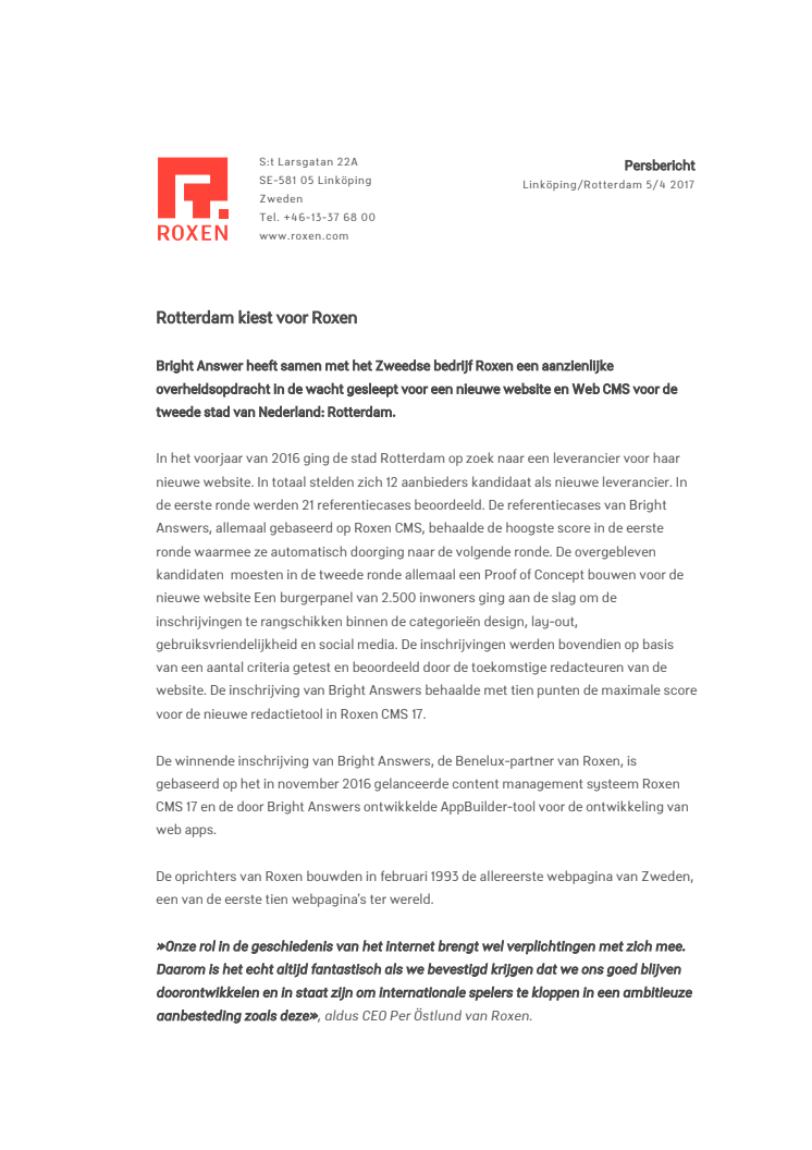 Rotterdam kiest voor Roxen