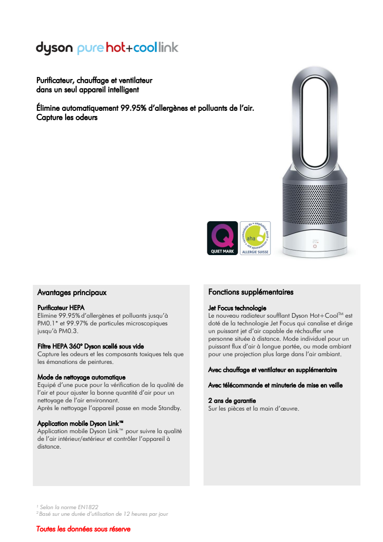 Dyson Pure Hot+Cool Link:  purificateur d’air, radiateur soufflant et ventilateur avec rattachement à une appli 