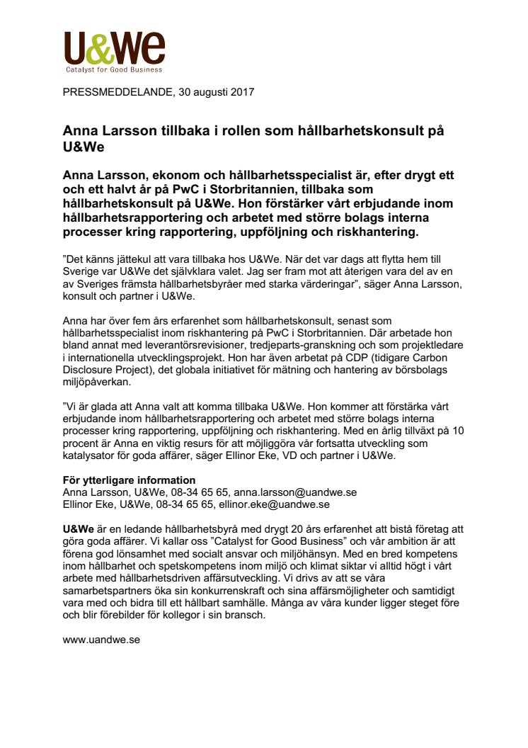 Anna Larsson tillbaka i rollen som hållbarhetskonsult på U&We