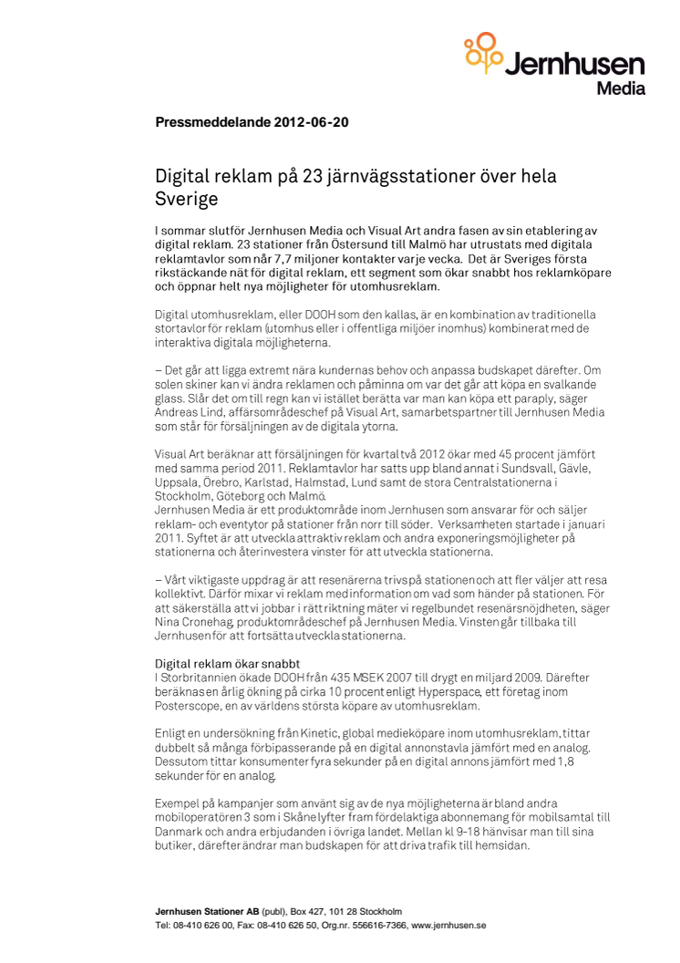 Digital reklam på 23 järnvägsstationer över hela Sverige