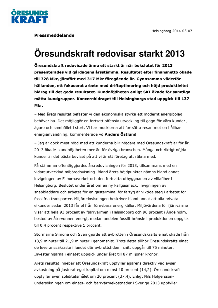 Öresundskraft redovisar starkt 2013