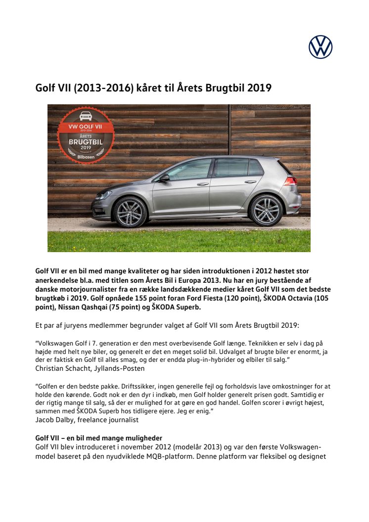 Golf VII (2013-2016) kåret til Årets Brugtbil 2019