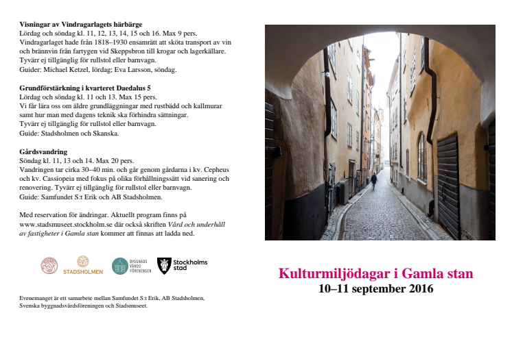 Program Kulturmiljödagar i Gamla stan 10-11 september 2016