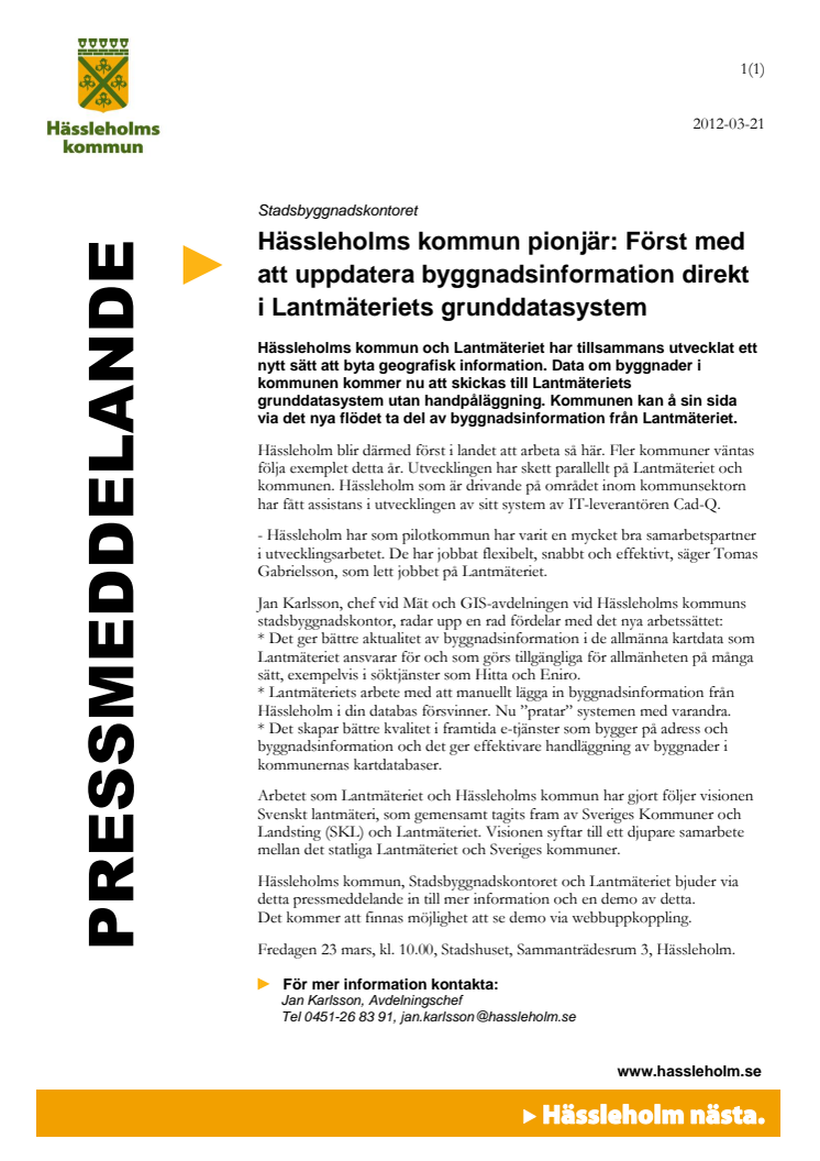 Hässleholms kommun pionjär: Först med att uppdatera byggnadsinformation direkt i Lantmäteriets grunddatasystem