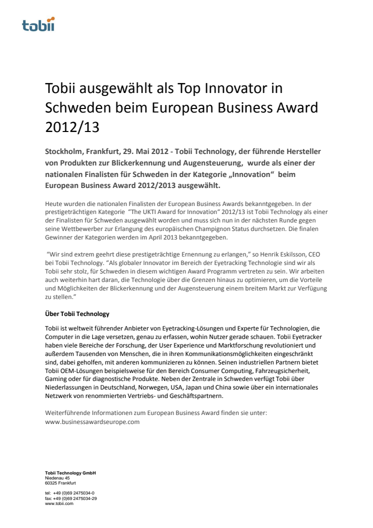 Tobii ausgewählt als Top Innovator in Schweden beim European Business Award 2012/13