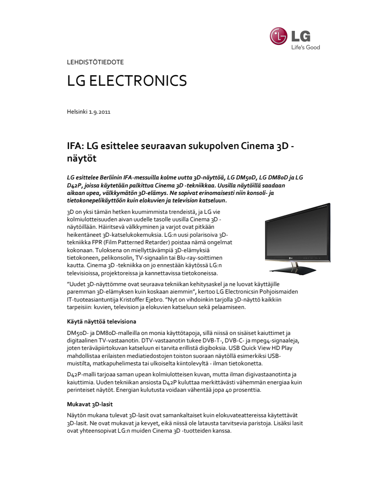 IFA: LG esittelee seuraavan sukupolven Cinema 3D -näytöt