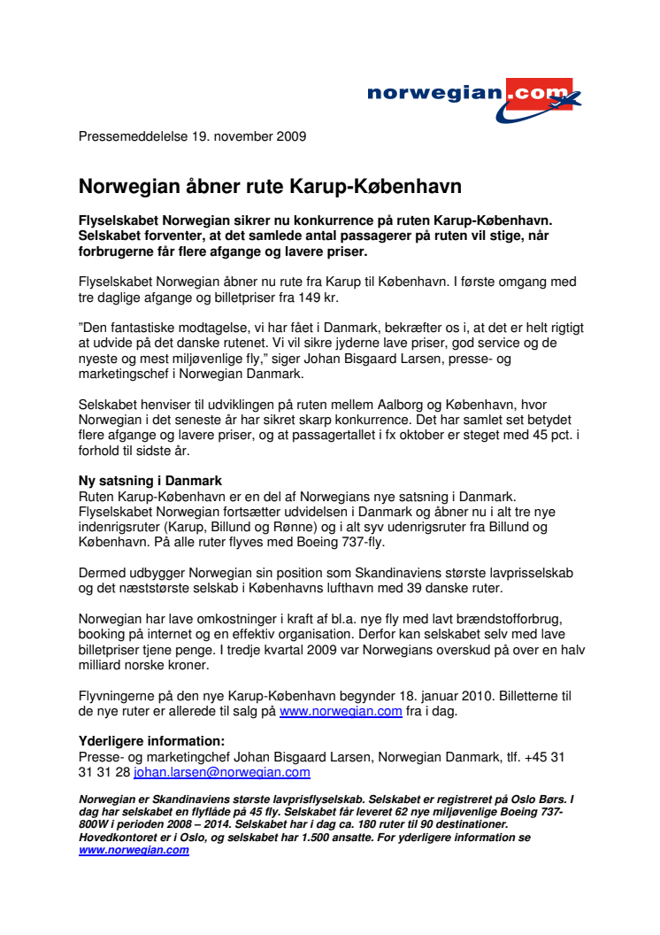 Norwegian åbner rute Karup-København