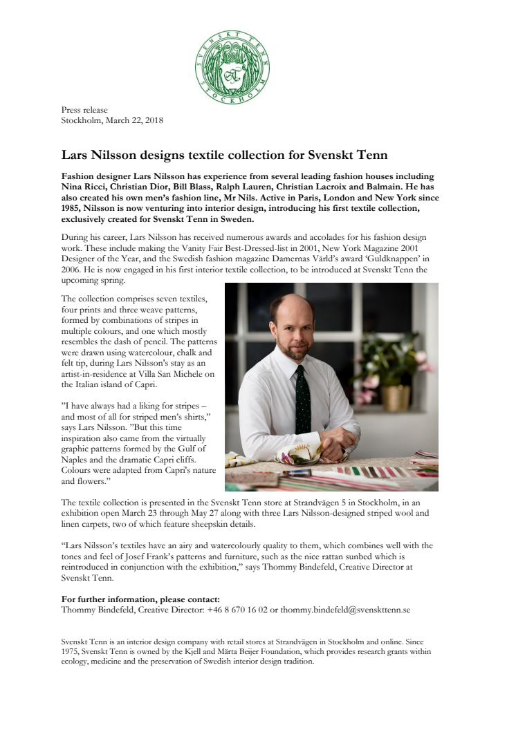 Lars Nilsson designs textile collection for Svenskt Tenn 