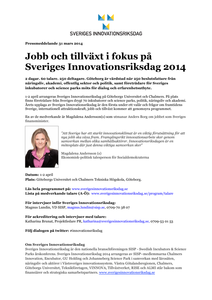 Jobb och tillväxt i fokus på Sveriges Innovationsriksdag 1-2 april 2014