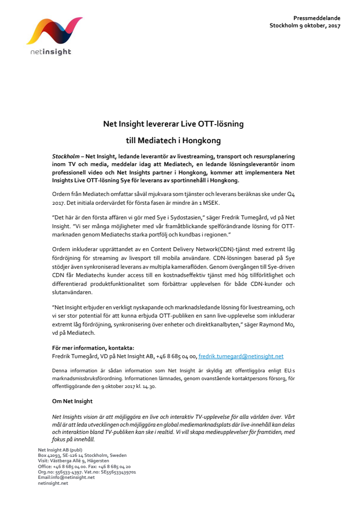 Net Insight levererar Live OTT-lösning  till Mediatech i Hongkong 