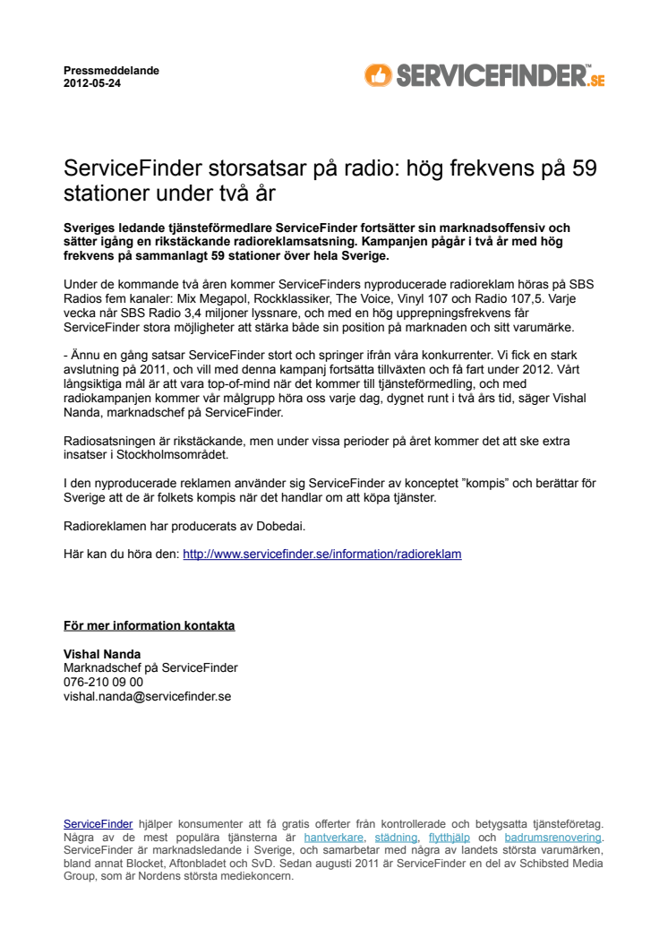 ServiceFinder storsatsar på radio: hög frekvens på 59 stationer under två år