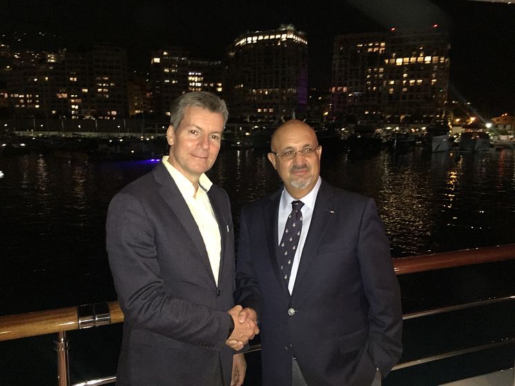 Hi-res image - Inmarsat - Inmarsat has appointed SSI-Monaco as a reseller of its Fleet Xpress (FX) service. Pictured at Monaco Yacht Show are (L-R): Rob Myers, Inmarsat Maritime, with Dr. Ilhami Aygun, President and CEO SSI-Monaco