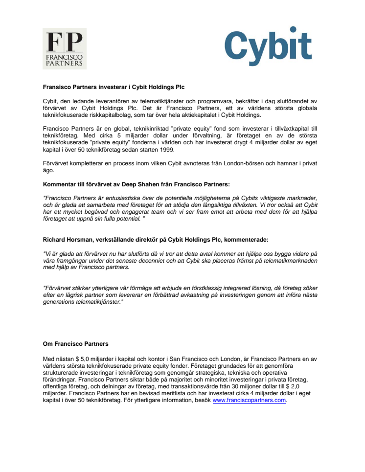 Fransisco Partners investerar i Cybit Holdings Plc