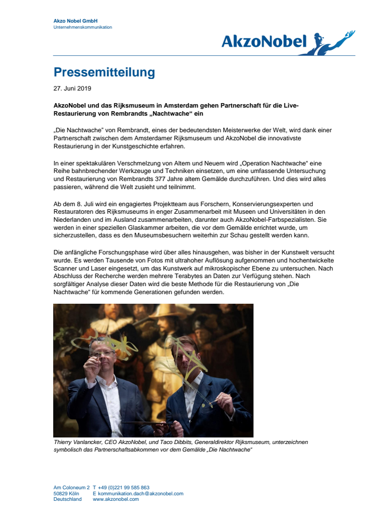 AkzoNobel und das Rijksmuseum in Amsterdam gehen Partnerschaft für die Live-Restaurierung von Rembrandts „Nachtwache“ ein