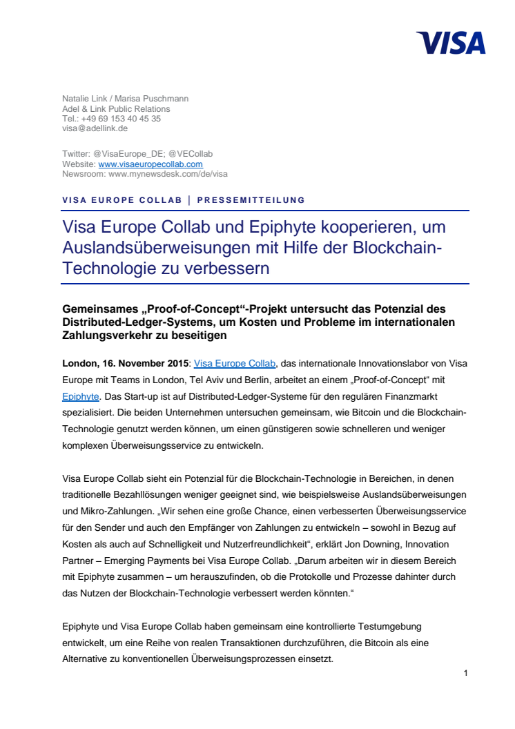 Visa Europe Collab und Epiphyte kooperieren, um Auslandsüberweisungen mit Hilfe der Blockchain-Technologie zu verbessern