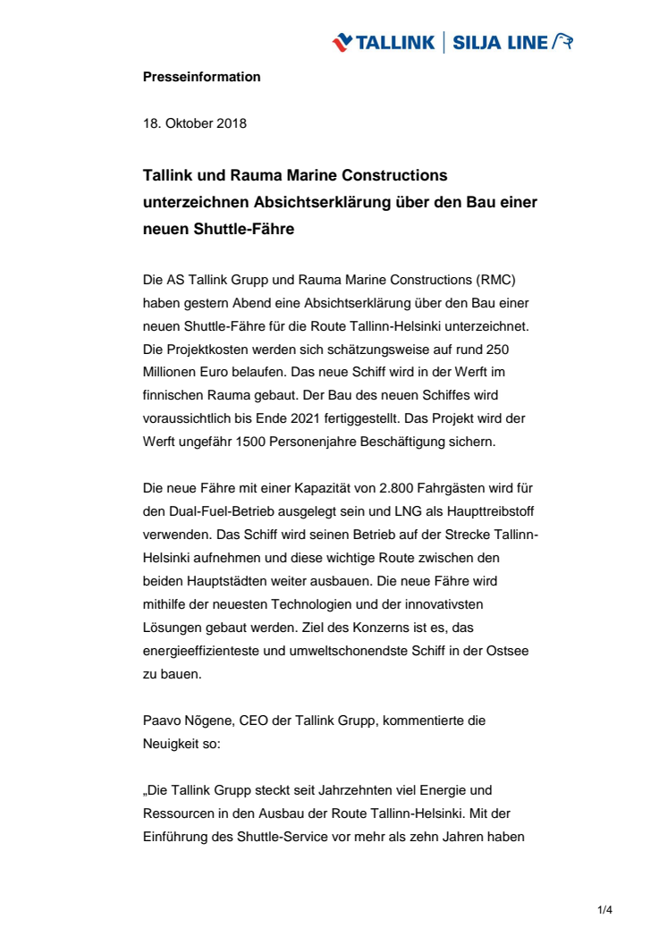 Tallink und Rauma Marine Constructions unterzeichnen Absichtserklärung über den Bau einer neuen Shuttle-Fähre