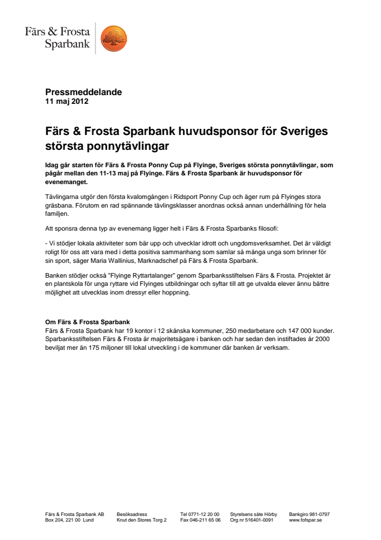 Färs & Frosta Sparbank huvudsponsor för  ponnytävlingar på Flyinge