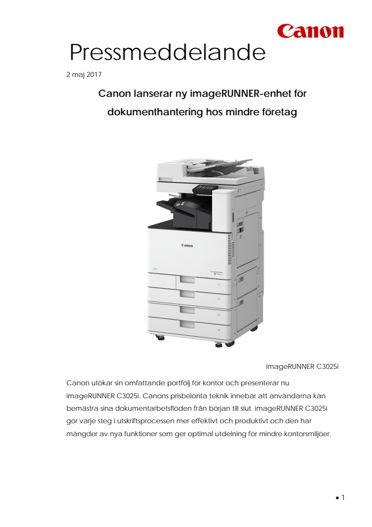 Canon lanserar ny imageRUNNER-enhet för dokumenthantering hos mindre företag