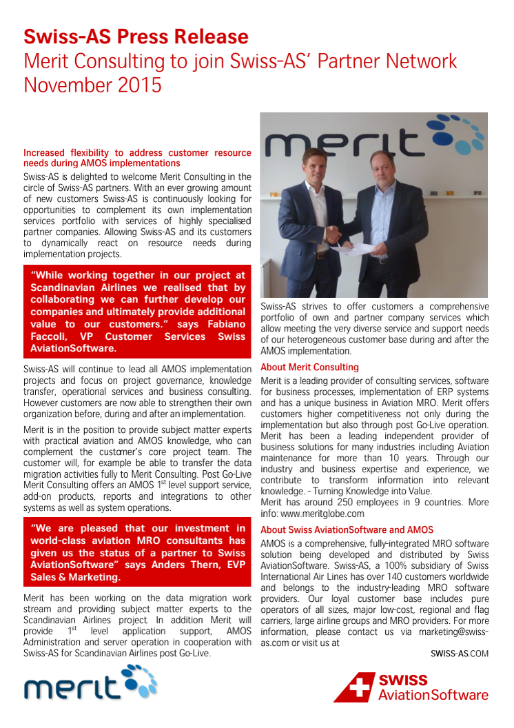 Merit Consulting to join Swiss-AS´Partner Network November 2015