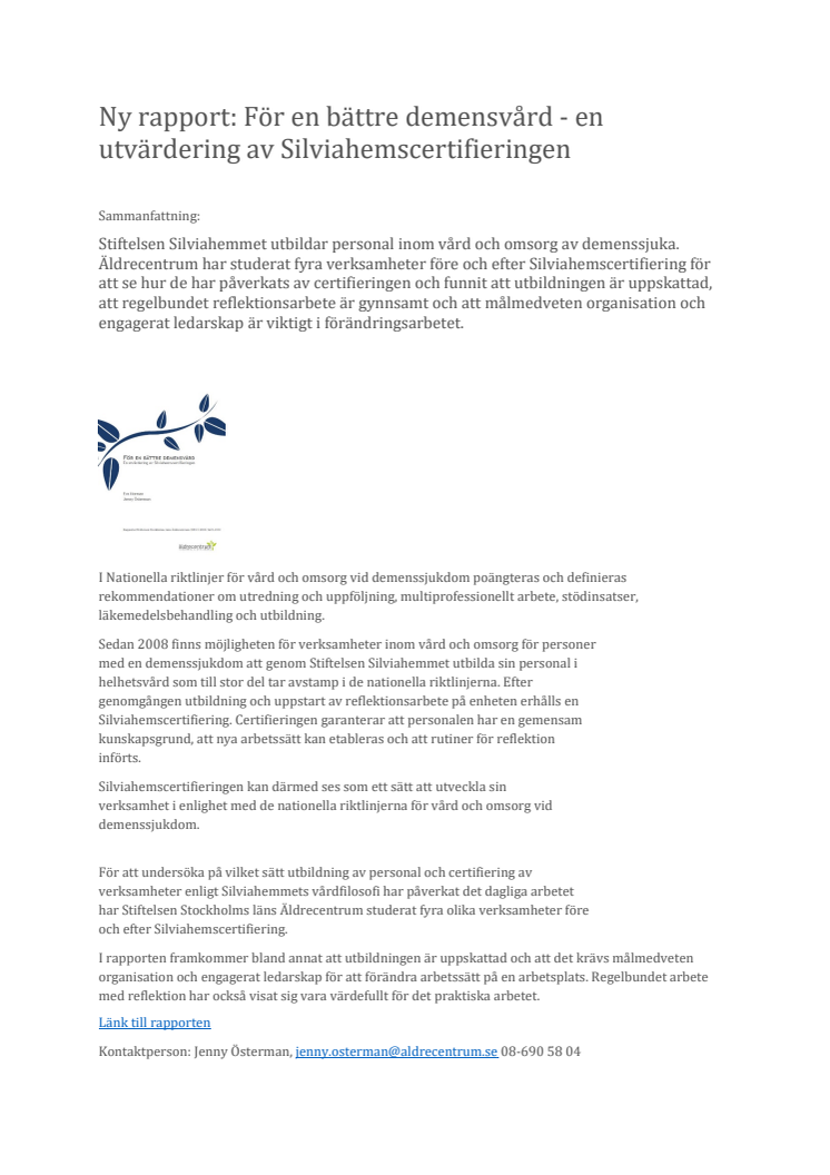 Ny rapport: För en bättre demensvård - en utvärdering av Silviahemscertifieringen